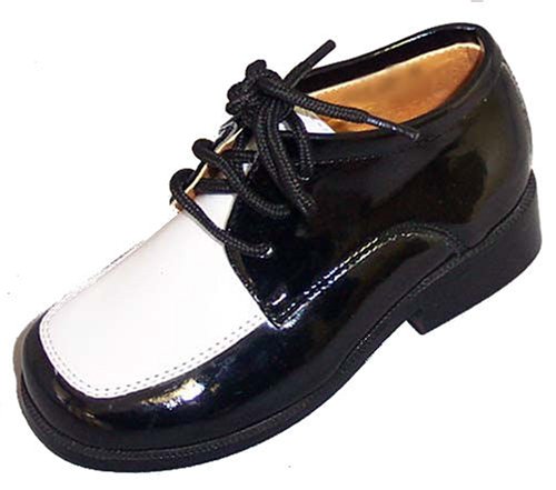Infant & Toddler Size 3 to 8 Boys Dress Shoes Black & White Two-tone Darling Tuxedo Style Patent Leather Weddings Ringbearer