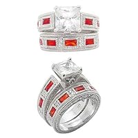 Sterling Silver Engagement or Wedding Band Ring Set with a 3ct Princess Cut CZ and Red Baguette Accents Size 8(Sizes 6,7,8,9)