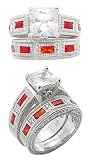 Sterling Silver Engagement or Wedding Band Ring Set with a 3ct Princess Cut CZ and Red Baguette Accents (Size 6,7,8,9)