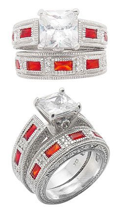 Sterling Silver Engagement or Wedding Band Ring Set with a 3ct Princess Cut CZ and Red Baguette Accents(Sizes 6,7,8,9)
