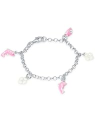 Unicornj Sterling Silver Childrens Bracelet with Dolphin and Clover Charms Pink and White