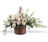Sympathy White Roses, Carnations and Larkspur Flowers Basket of Light