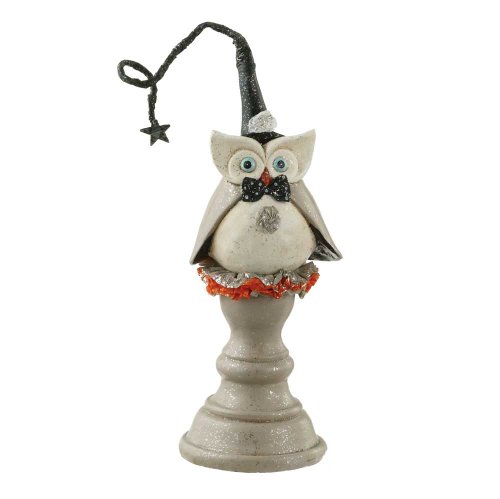 Halloween Grey Owl on a Pedestal Figurine