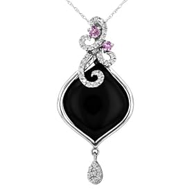 14k White Gold Onyx withPink Sapphire and Diamond Pendant (1 6 cttw), 18 by