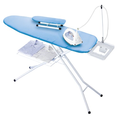 Wenko 12132100 B&uuml;geltisch Solid Plus mit &Auml;rmelb&uuml;gelbrett - Abstellbrett, Kabelf&uuml;hrung, W&auml;scheablage, h&ouml;henverstellbar, 6 mm Komfortpolsterung, M - ...
