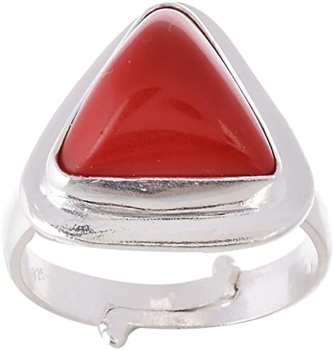 Red Coral Silver Triangular Astrological Ring for Unisex