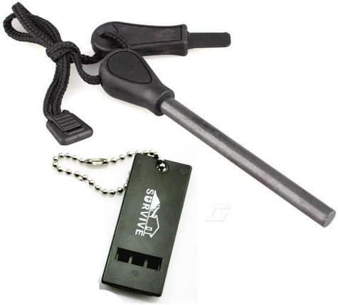 The Most Valuable Magnesium Firesteel Fire Starter Kit Flint Stone Outdoor Emergency Survival Tools with Multi-frequency Whistle For Camping Backpacking Fishing Hunting Outdoor Survival Black