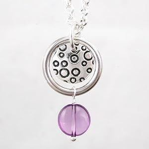Round Pendant with Circle Designs in Sterling Silver with Amethyst Gemstone Bead on a 16" Rolo Chain, #8914