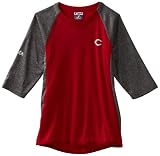 MLB Boys' Cincinnati Reds 3/4 Sleeve Crew Neck Featherweight Tech Fleece Pullover (Pro Scarlet/Pro Carbon Heather, Medium)