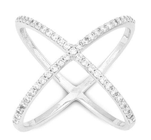 Ladies 925 Sterling Silver Criss Cross 'X' Ring with Cubic Zirconia Stones