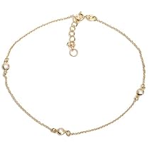 18k Gold Overlay Sterling Silver w/ 3 mm White Cubic Zirconia Station Anklet, 10"