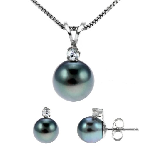 Sterling Silver Semi Red Tahitian Cultured Pearl and White Topaz Earrings 3 Piece Pendant Set (7.5-8mm Pearl, 2.5mm Gemstone), 18"