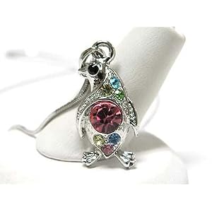 Beautiful Multi-Colored Crystal Penguin Charm Necklace Silver Tone