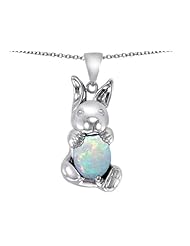 Original Star K (tm) Love Bunny Pendant With Created Opal Oval 10x8mm in .925 Sterling Silver