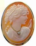 Goddess Diana, Cameo Pin Pendant Carnelian Shell Italian Diamond 14k Gold Master Carved