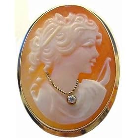 Goddess Diana, Cameo Pin Pendant Carnelian Shell Italian Diamond 14k Gold... by