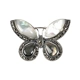 STERLING SILVER BROOCH 31X45mm - Marcasite w/White and Black Mother of Pearl