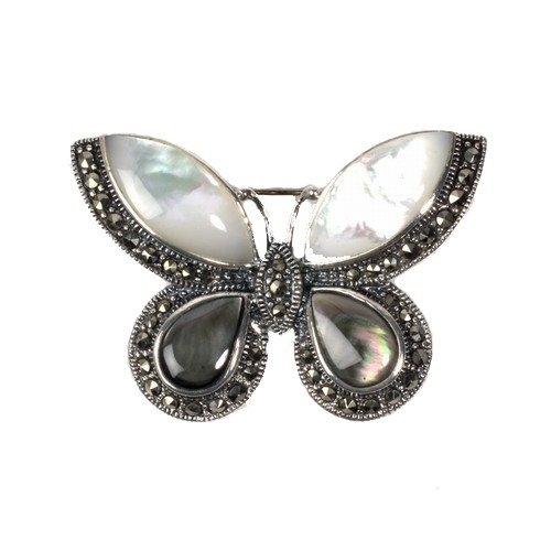 STERLING SILVER BROOCH 31X45mm - Marcasite w/White and Black Mother of Pearl