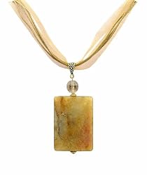 Necklace - N19 - Genuine Semi Precious Gemstone on Five-Strand Organza and Cotton Cord + 2" Extension Chain - Rectangular Shape ~ Tri-Color Jade
