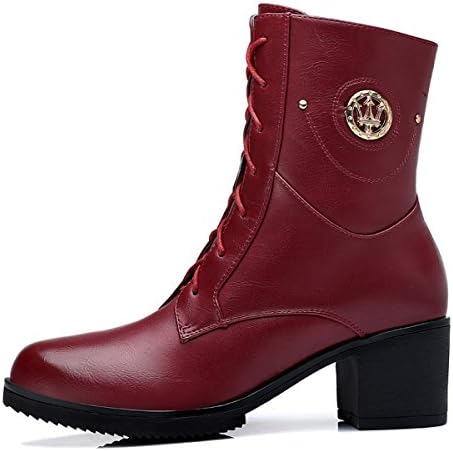 Womens Mid Heel Leather Shoes Lace Up Side Zipper Round Toe Wine-red Mid-calf Martin Boots EU37