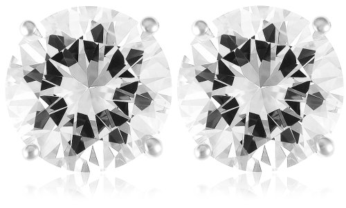 Platinum Plated Sterling Silver 8mm Round Cubic Zirconia Four-Prong Stud Earrings