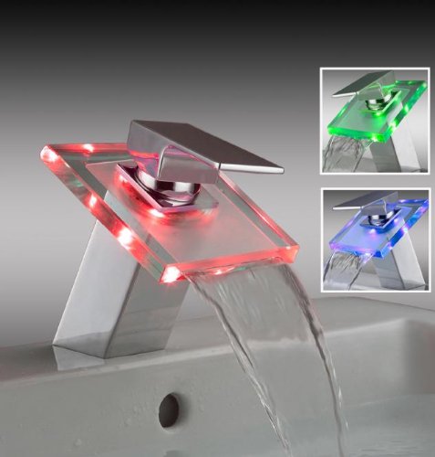 BATHTECH Chrome & Glass Waterfall Sink & Bathroom Faucet (Light Color Change, Model YQ-LE013)