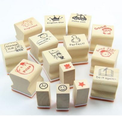 Pack of 15 Teachers Wooden Rubber Cartoon Stamp Set Encouragement