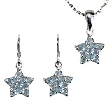 Aquamarine Cubic Zirconia Pave Star Platinum Overlay CAREFREE Sterling Silver Pendant Necklace and Drop Earrings Set