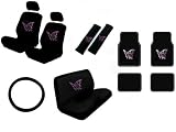 15 Piece Auto Interior Gift Set - Multiple Purple Butterflies - A Set of 2 Seat Covers, 1 Rear Bench Cover, 1 Steering Wheel, A Set of 2 Seat Belt Pads, and A Set of 4 Plush Carpet Floor Mats