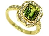 18K Yellow Gold Emerald-Shape Peridot Color Stone Ring, Surrounded by Pave Set Diamonds.