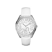 Guess Ladies White Leather Strap Watch With Stone Set Enamel White Dial