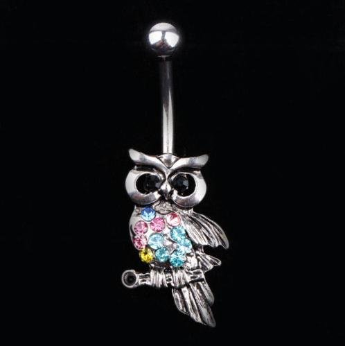 Vktech New Rhinestone Owl Dangle Navel Belly Button Ring Piercing Jewelry