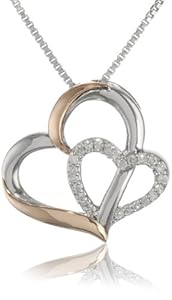 XPY 14k Rose Gold and Sterling Silver Double Heart Pendant Necklace, 18