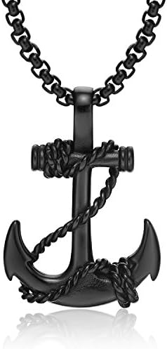 MAYUU Vintage Stainless Steel Black Gold Silver Anchor Charm Pendant Mens Womens Necklace, 22 inch Chain (Black)