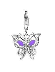 Sterling Silver Butterfly Charm with Lobster Clasp Purple Enamel for Charm Bracelet, Weight 2.80g, Width 9/16 Inch, Length 1 1/8 Inch