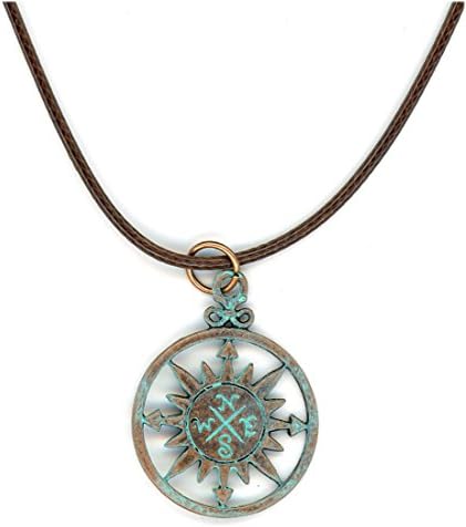 Copper Compass Verdigris Patina Men's Pendant Necklace 18-19.5 Inches Brown Cord