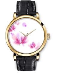 SPRAWL Aanalog Fashion Series Gold Ladies Watches of Genuine Black Leather Strap,Unique Wrist Watch for Women Girls Designed with Pink and lilac flowers