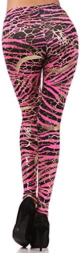 Neon Metallic Animal Zebra Print Leggings w/ Gold Accents Pants (Medium, Neon Pink)