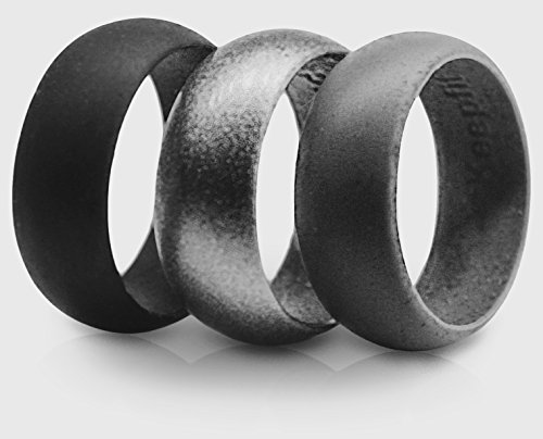 3 Silicone Wedding Ring Silicone Wedding Band for Men Metallic Ring Set for Crossfit, Climbing, WOD's and Outdoor Sports (Black - Grey - Metalic Black, 12)