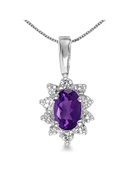 10k White Gold Oval Amethyst And Diamond Pendant with 18" Chain