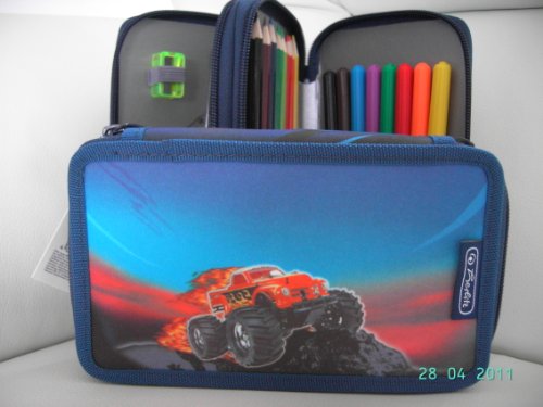 Faulenzer mit 2 Außentaschen > Blau < Federtasche,Federmappe,Etui,Schüleretui,Mäppchen,Schlamperrolle 