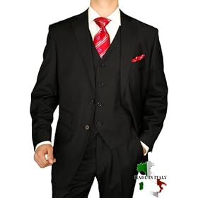 Gino Valentino Ticket Pocket Made in Italy Merino Wool / Silk Mens Suit Vested 150's Hand Pick Stitching Two Button 3pc Canvas Front Jacket Modern Flat Front Pants Plus Vest Custom Working Buttonholes Business Suit Jet Black