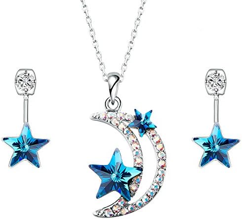 Sue's Secret Blue Moon and Stars Pendant Rhodium Plated Necklace Earring Set with Crystals from Swarovski