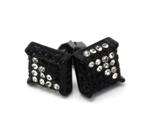 Mens Black Tone Clear/Black Cz Cube Iced Out Hip Hop Micro Pave Stud Earrings