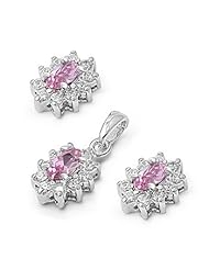 Sterling Silver Wreathed Pink CZ Pendant with Earrings Jewelry Set with Clear CZ