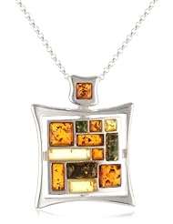 Sterling Silver Multi-Color Amber Rectangular Mosaic Pendant Necklace , 18"