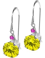 1.64 Ct Round Canary Diamond Pink Sapphire 14K White Gold Earrings