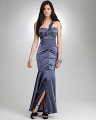 Long Satin Asymmetric Floral Embellished Gown - WEB EXCLUSIVE