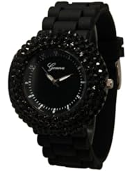 Black w/ Black Large Face Crystal Silicone Watch w/ Rhinestones Face Bling Bezel