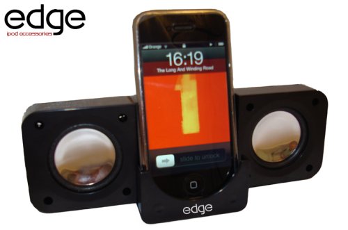 EDGE PORTABLE FOLDING SPEAKERS BLACK FOR ALL GENERATIONS OF MP3s AND MP4s INCLUDING IPHONE, ITOUCH, IPOD VIDEO, IPOD CLASSIC, IPOD NANO, IPOD SHUFFLE, IPOD MINI, CD PLAYERS, PCs. INCLUDES USB POWER CABLE. (DOES NOT INCLUDE IPHONE SHOWN IN PICTURE)